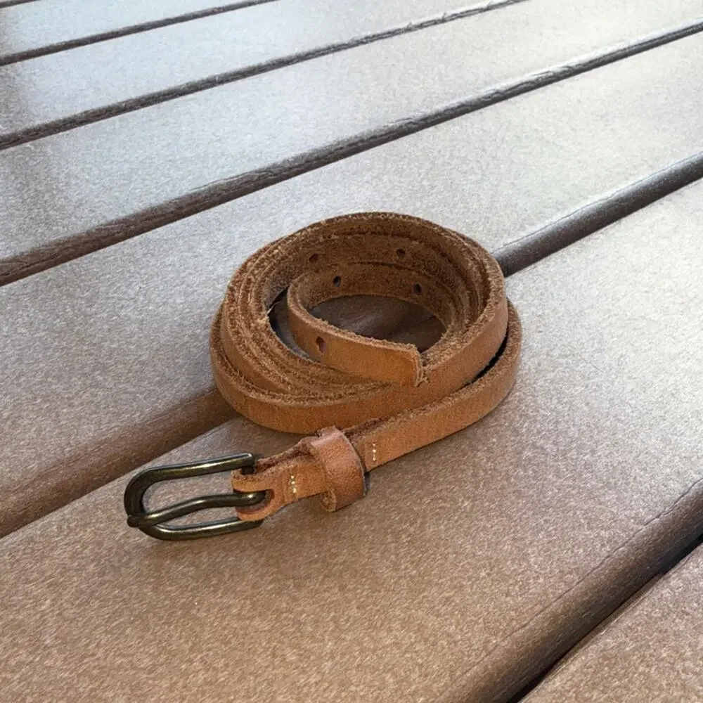 Tan Leather Skinny Belt with Brass Buckle M/L